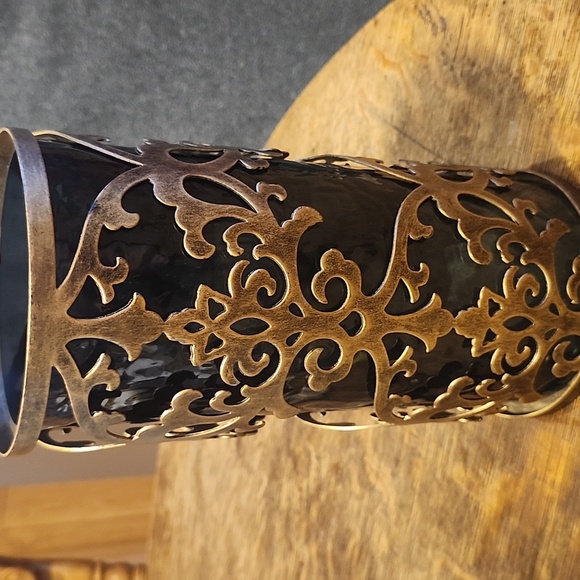 Large Hurricane Filagree Antique Bronze With Smokey Black Insert Candle Holder - Picture 2 of 7